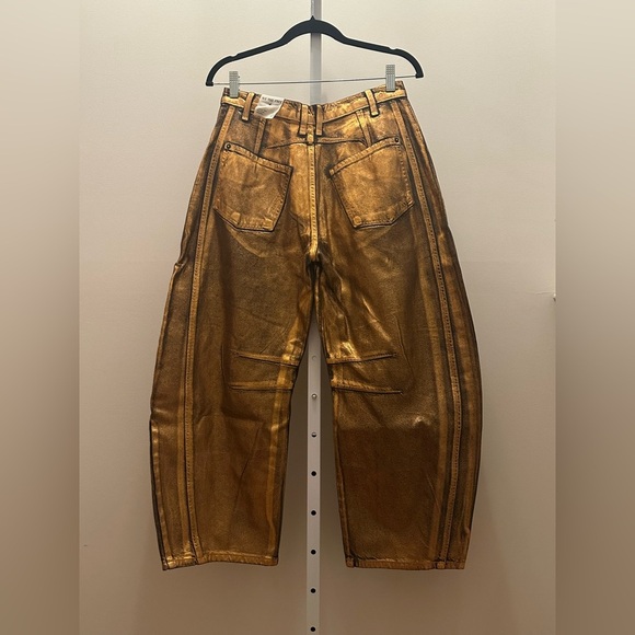 NWT We The Free x Free People Good Luck Gold Metallic Horseshoe Barrel Jeans - Picture 7 of 13